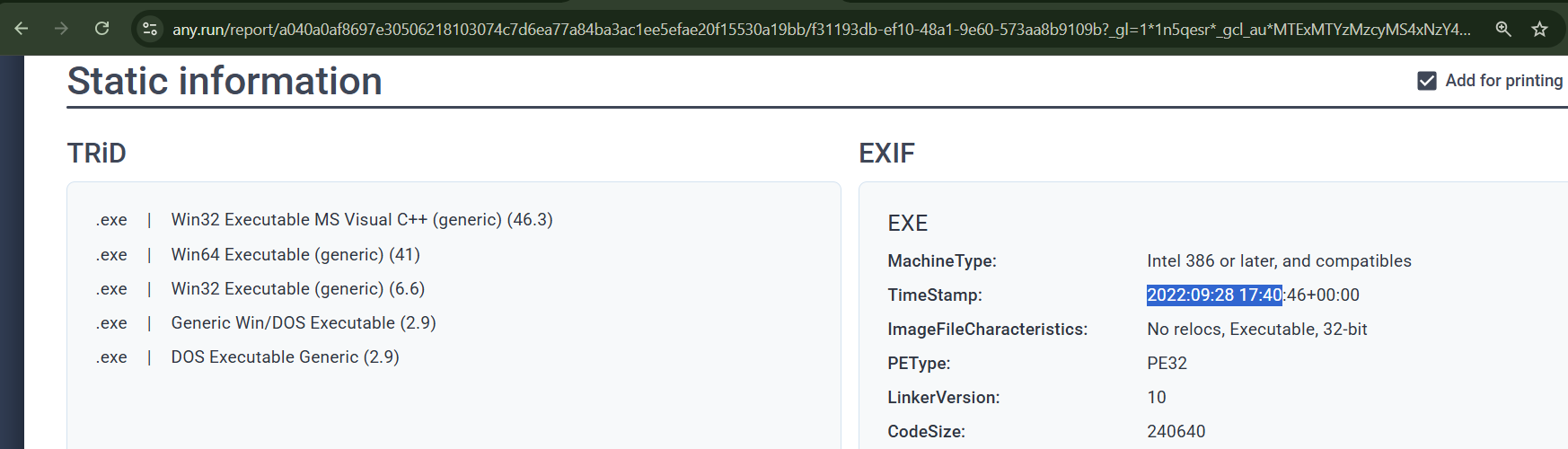 ANY.RUN Static Information panel for the sample showing TRiD file type analysis (.exe Win32 MS Visual C++, Win64 generic) and EXIF data: MachineType: Intel 386 or later and compatibles, TimeStamp: 2022:09:28 17:40:46+00:00 (highlighted in blue), ImageFileCharacteristics: No relocs, Executable, 32-bit, PEType: PE32, LinkerVersion: 10, CodeSize: 240640.